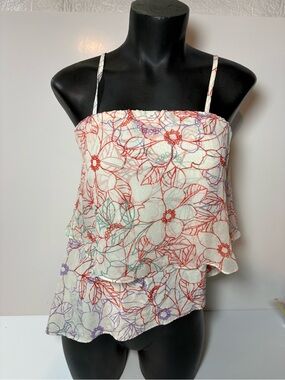Anthropologie White Layered Floral Camisole with Red, Green & Purple Print